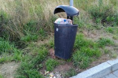 Hoffnungslos überfüllte Mülleimer am Rastplatz