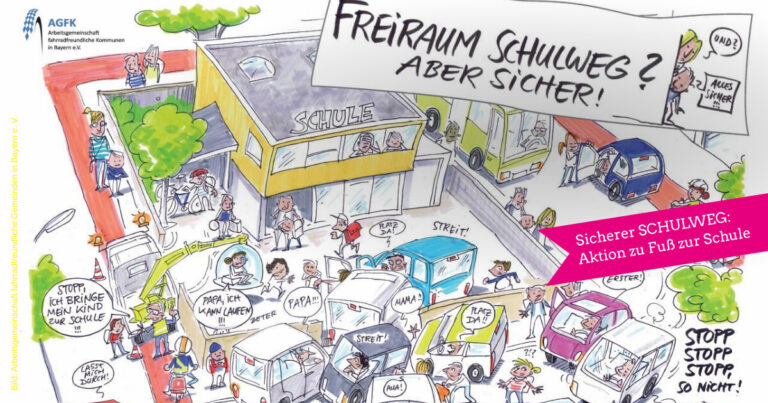 Comik-Zeichnung zum Theme "Freiraum Schulweg? Aber sicher". Es zeigt das Verkehrchaos vor einer Schule mit Elterntaxis.