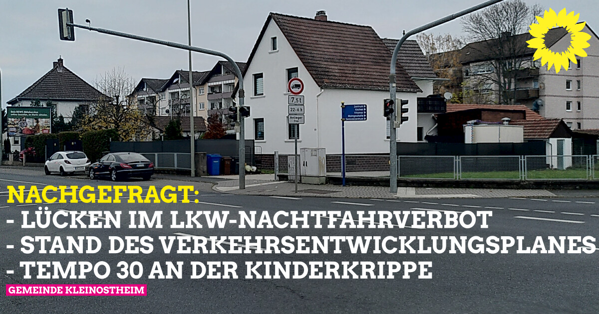 Ortseingang von Kleinostheim mit dem Schild: LKW Nachtfahrverbot von 22 - 6Uhr. Anlieger frei.