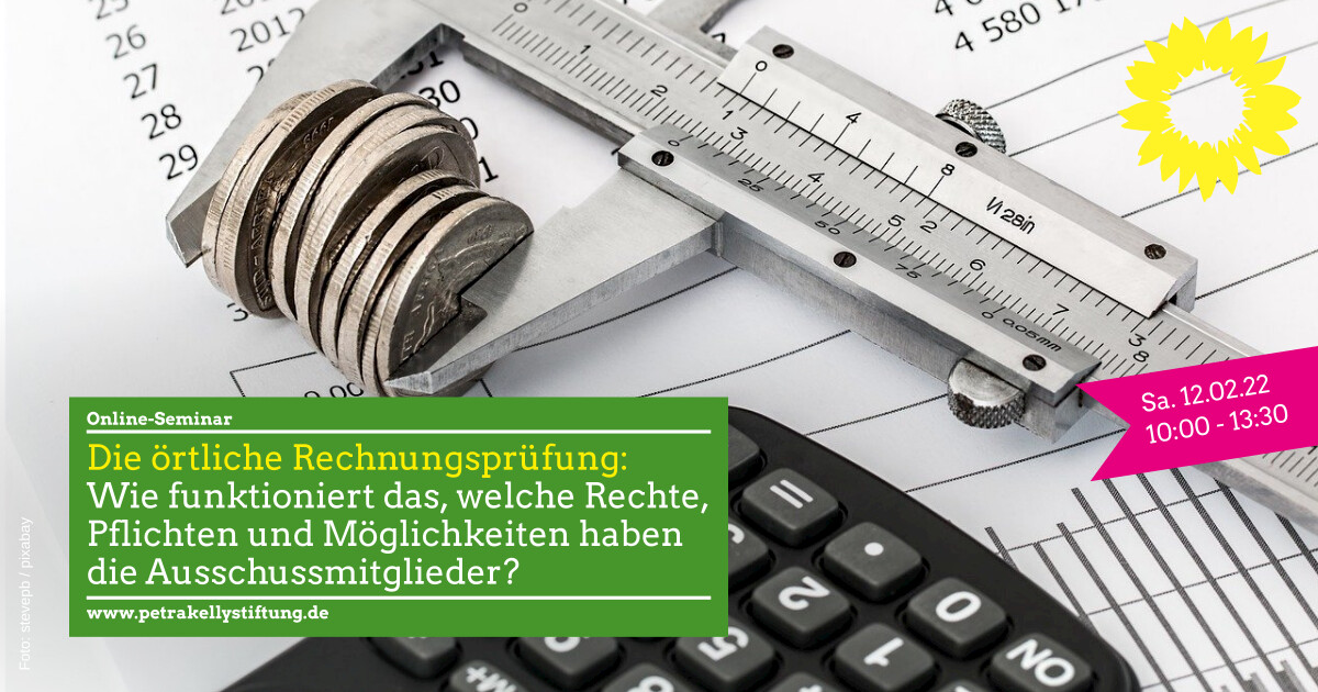 Text: Die örtliche Rechnungsprüfung. Bild: Geld in der Prüflehre eingeklemmt, Finanzunterlagen im Hintergrund, mit Taschenrechner