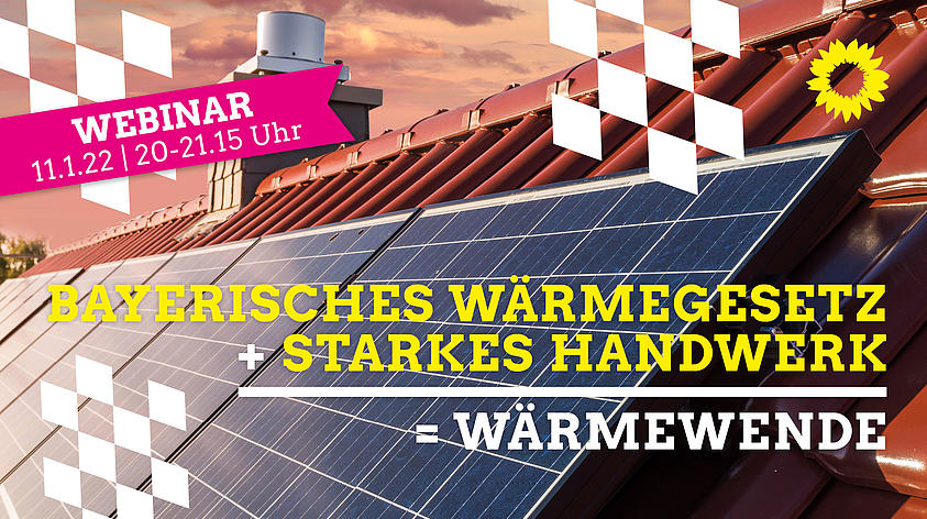 Bild: Photovoltaikanlage auf einem Dach Text: Bayerisches Wärmegesetzt plus starkes Handwerk